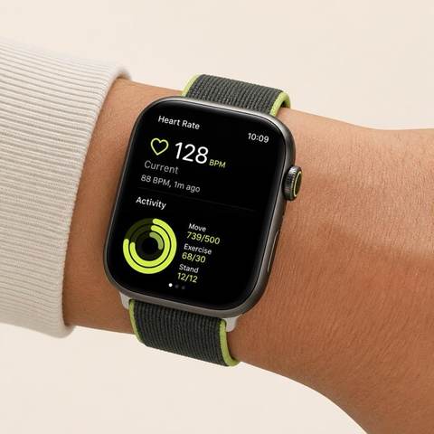 Smartwatch showing heart rate and activity rings
